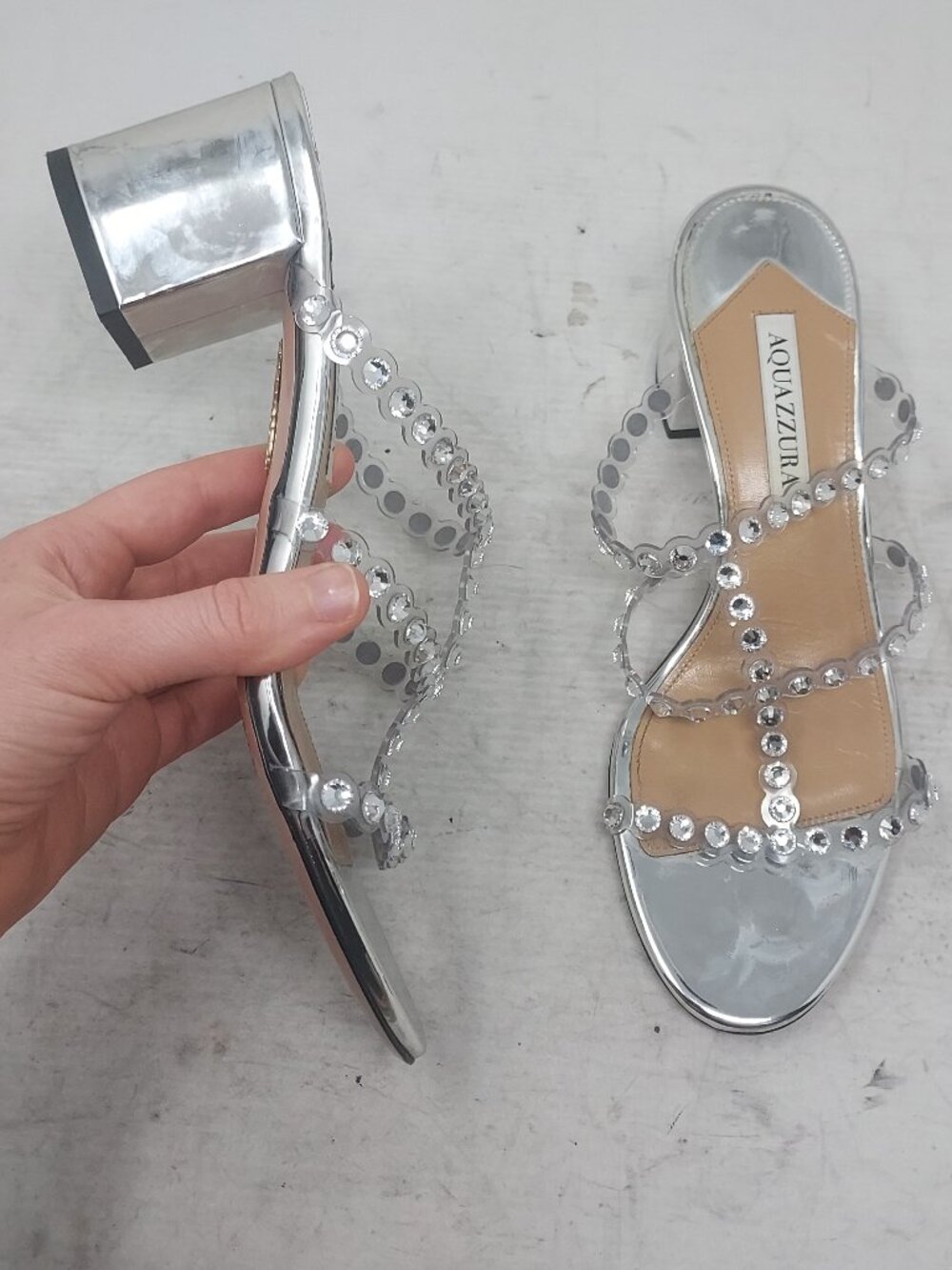 Aquazzura Tequila PVC Bejeweled Silver Heel Sandal